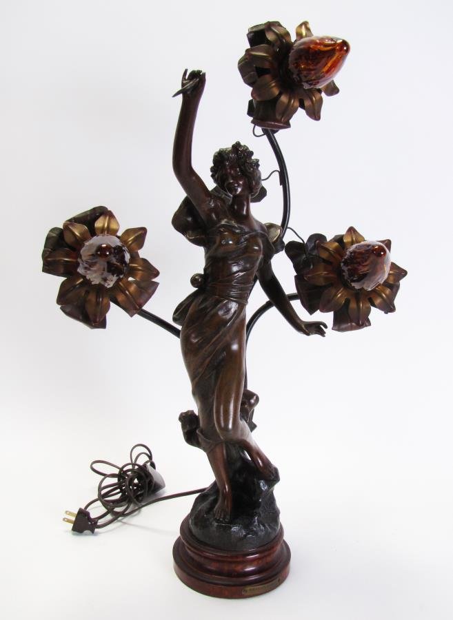 French Spelter Figural Table Lamp: French Spelter Figural Table Lamp, "Dernieres Feuilles" after J. Causse, three light depicting maiden holding bouquet, mounted on turned wooden base, signed in cast "J. Causse", French foundry badge a