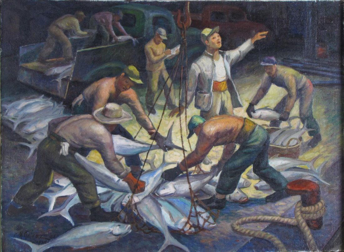 Miguel Galvez 17x23 O/C "Tuna Loading, Japan" (1 of 5)