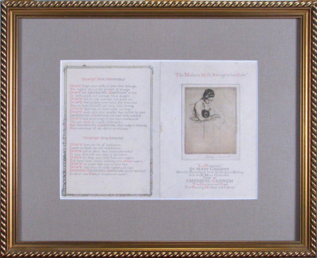 Mary Cassatt "Mother's Milk" Pamphlet: An advertising brochure by Imperial Granum, entitled "Mother's Milk Belongs to Her Baby", featuring an etching by Mary Cassatt, entitled "La Nourrice", depicting a mother breast her feeding her baby,
