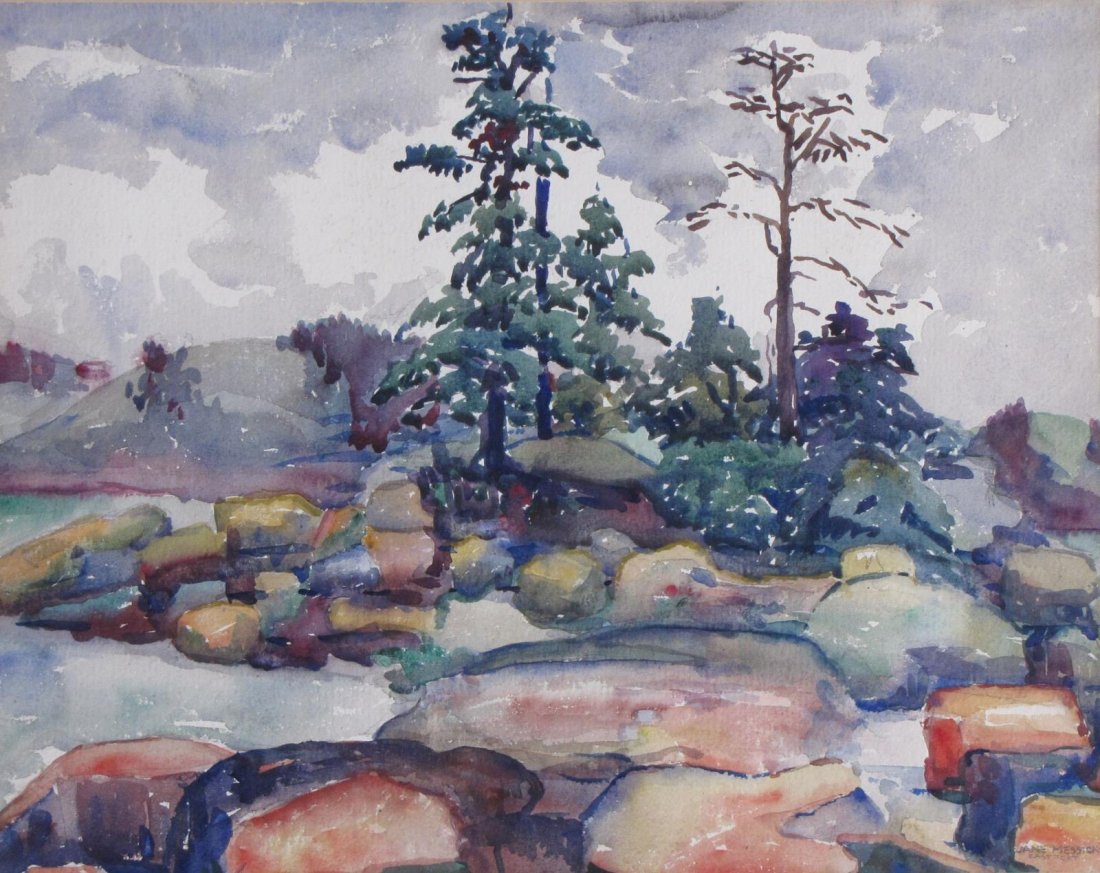 Jane Messick 14.5x18.5 WC Eastport, Maine: Jane Messick (IN, 1908 - 1986) 14.5x18.5 , WC , signed lower right , Eastport, Maine , Depicting: rocky shoreline and trees , Inscribed: location designated in signature