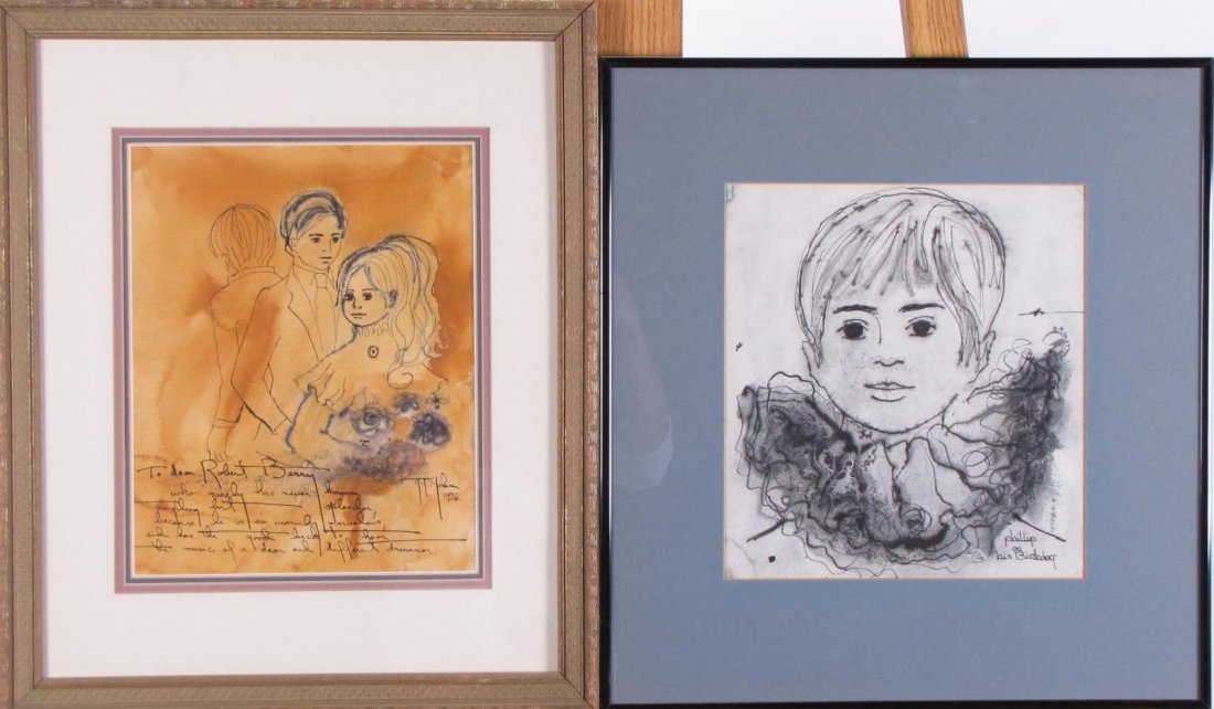 Joni T Johnson (2) WC Portraits: Joni T Johnson (IN, 1934-1988) (2) , WC , Portraits including: "Dear Robert Barry", size as framed 18x15, and portrait "Philip on his birthday", size as framed 16.5x15.5