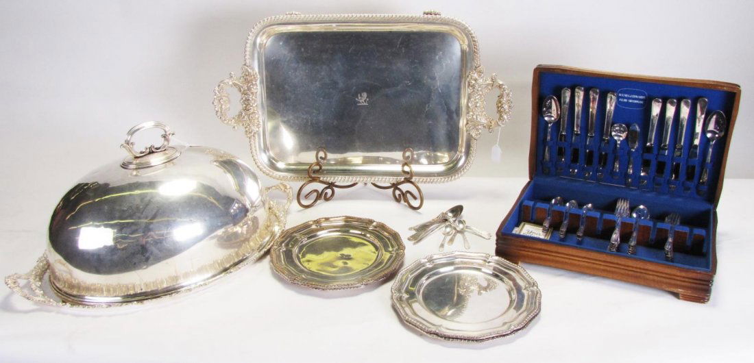 Large Group of Silverplate Tableware: Large Group of Silverplate Tableware including: cased set of Holmes and Edwards inlaid flatware, service for eight (x6), 52 pieces total; oval tray with domed lid, 26" x 16.5" x 11" high; three shell