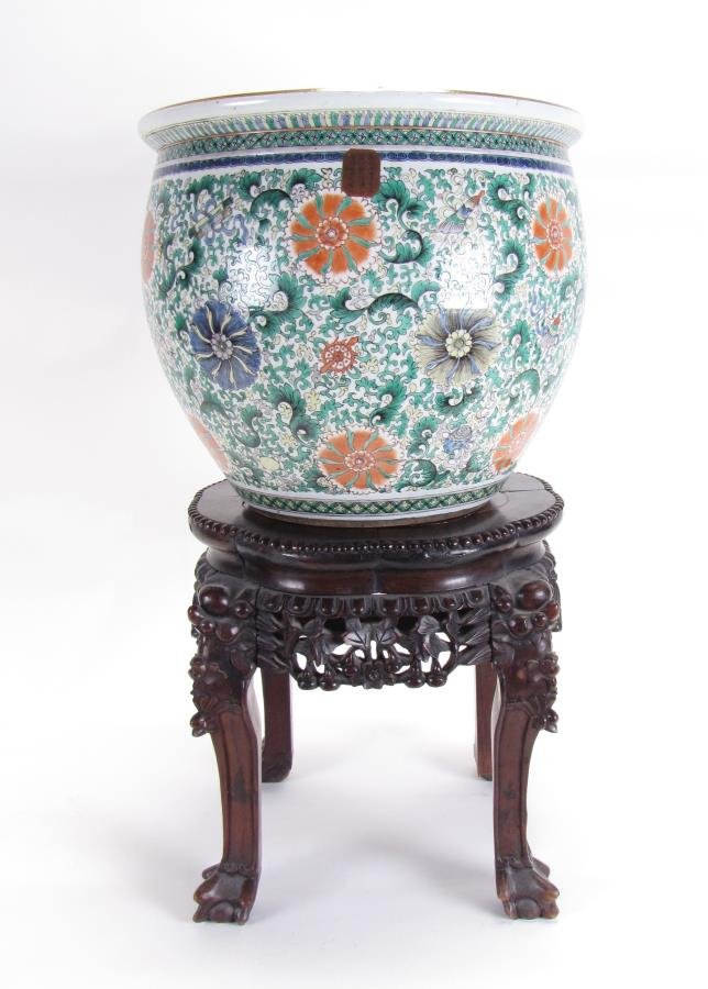 Oriental Porcelain Fish Bowl with Rosewood Stand (1 of 7)