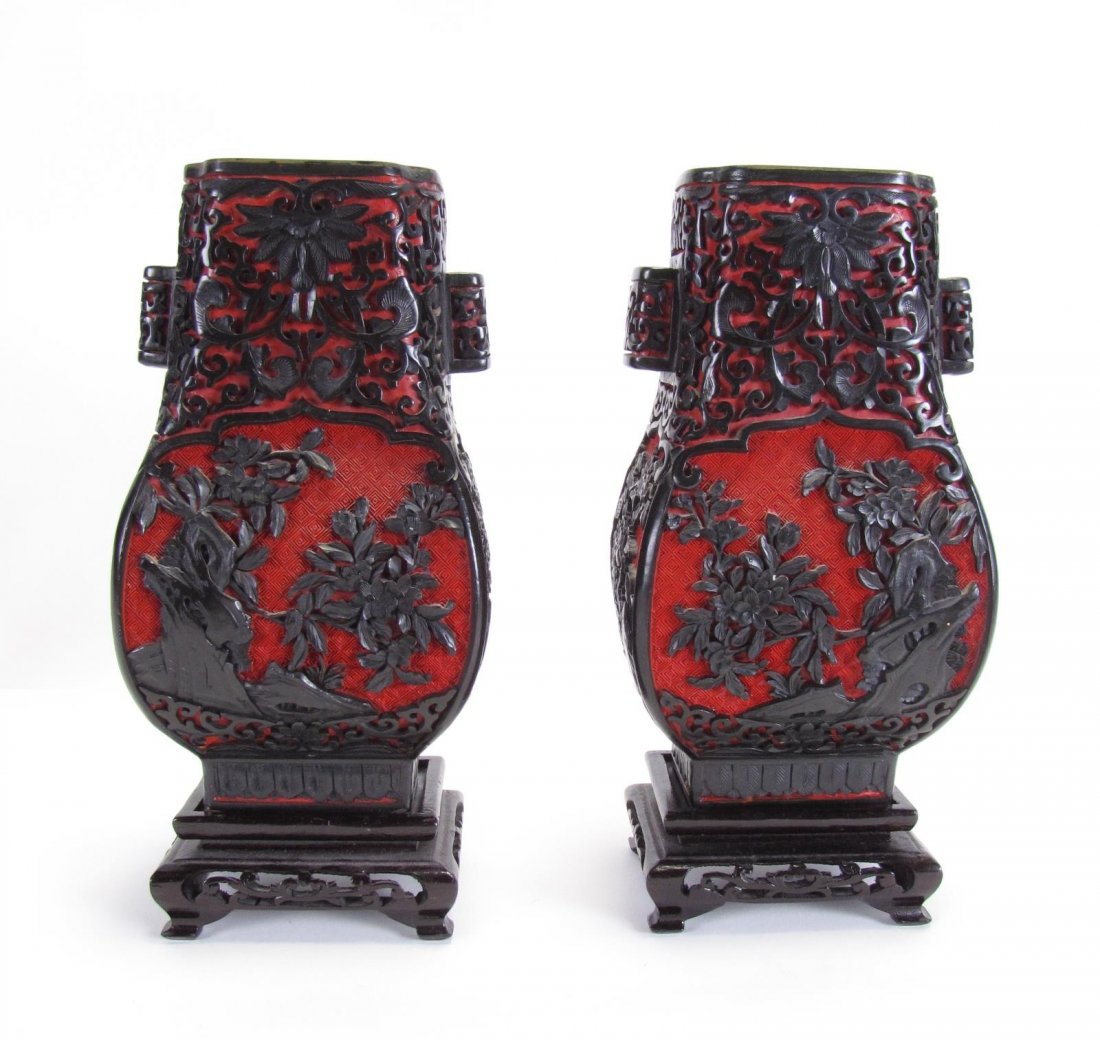 Pair of Chinese Carved Cinnabar Vases (1 of 3)