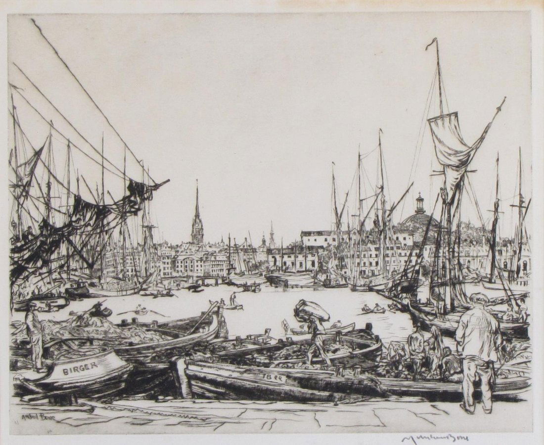 Muirhead Bone (UK), Drypoint Etching, Stockholm: A drypoint etching, by Muirhead Bone (UK, 1876-1953) depicting Stockholm, Sweden, busy harbor, signed in pencil lower margin, signed in plate lower left, sight size 8.5x10, size as framed 15x16