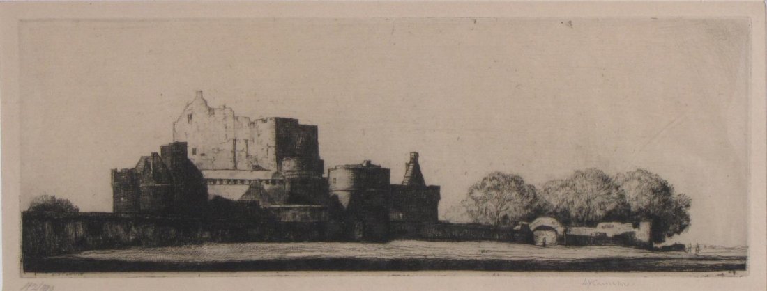 Sir D. Young Cameron Etching, Craigmillar Castle: An antique etching by Sir David Young Cameron (UK, 1865-1945), "Craigmillar Castle" (Edinburgh, Scotland), signed in plate, pencil signed and numbered lower margin, sight 4.75 x 12.25, as framed 11 x