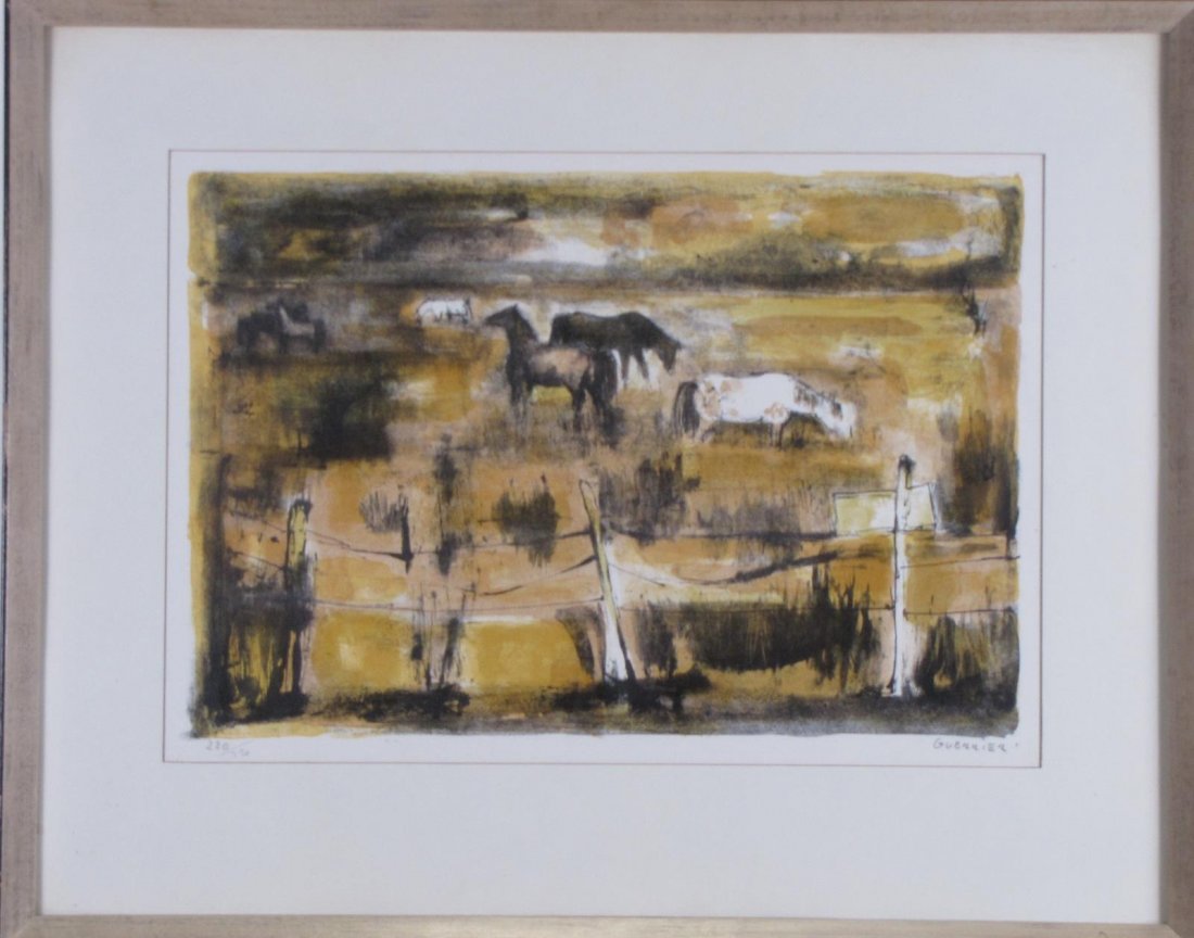Raymond Guerrier (FR) Lithograph "The Camargue": A framed, limited edition lithograph by Raymond Guerrier (French, 1920–2002), pencil signed and numbered 220/220 in lower margin, depicting horses in pasture, entitled "The Camargue", size as framed