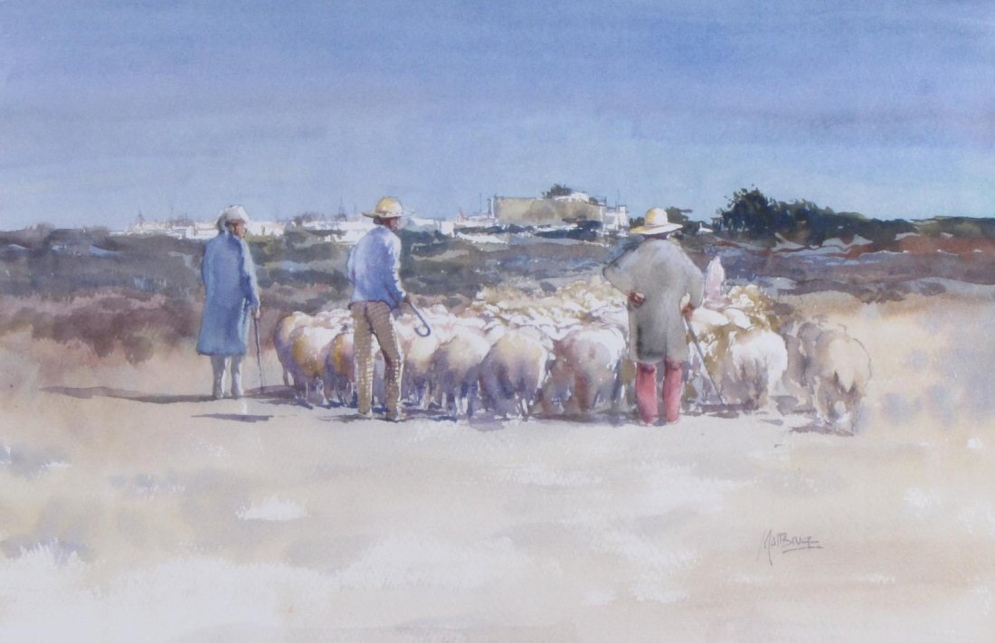 Matt Bruce 14x21 WC Sheep and Shepherds: Matt Bruce (UK, 1915-2000) 14x21 , WC , signed lower right , Sheep and Shepherds