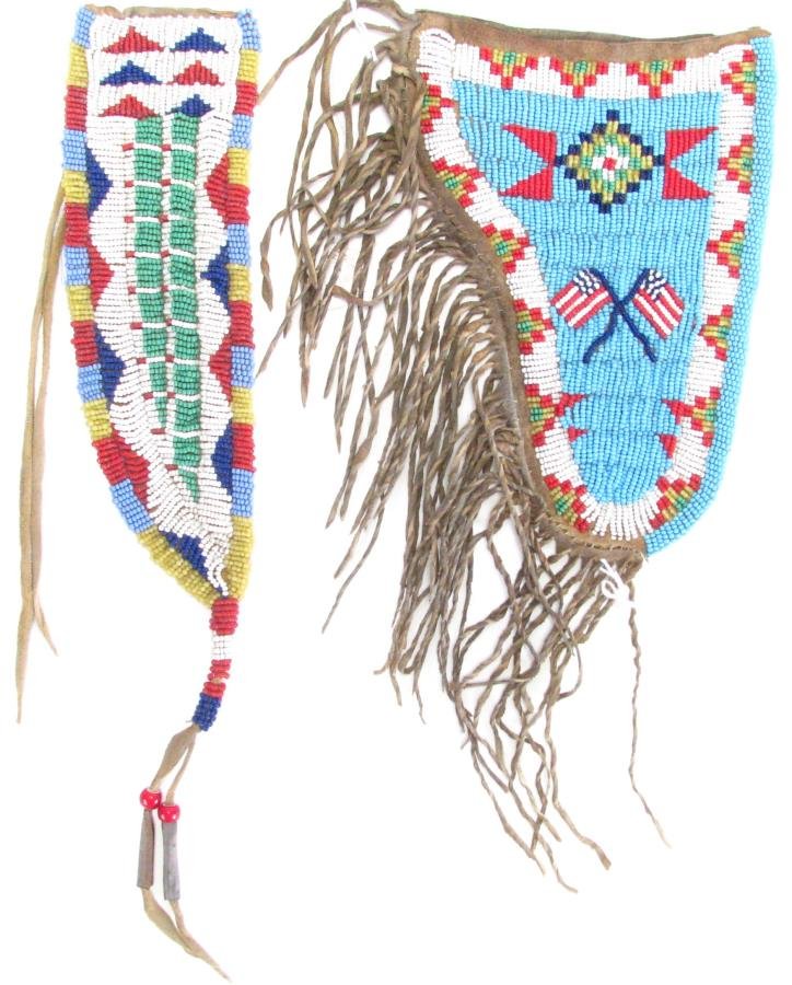 Sioux Indian Beaded Gun Holster and Sheath: Sioux Indian Beaded Gun Holster and Sheath, holster with fully beaded front, beautiful turquoise and flag beadwork, hide body with twisted hide fringe; sheath with fully beaded front, traditional trib