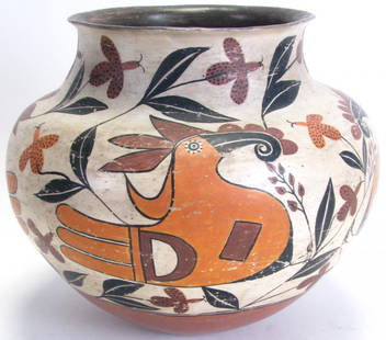 Large Native American Acoma Bowl: Large Native American Acoma Bowl, orange and brown polychrome bird and butterfly decoration, inside painted flared rim, 14" diameter and 12' high