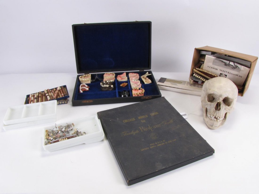 Group of Dental Molds and Products: Group of Dental Molds and Products, approximately 60 pieces including: cased college mold guide for trubyte bioform teeth; cased set to tooth and gum teaching aids; six sets of tooth shade guides; hum