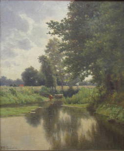 Richard Buckner Gruelle 24x20 O/C Cattle in Pond: Richard Buckner Gruelle (IN, 1851-1914) 24x20 , O/C , SLL , Cattle in Pond. Provenance: From Ernest Ruple, Chief of Staff, Methodist Hospital to Gordon & Martha Englehart to current owner (heir)