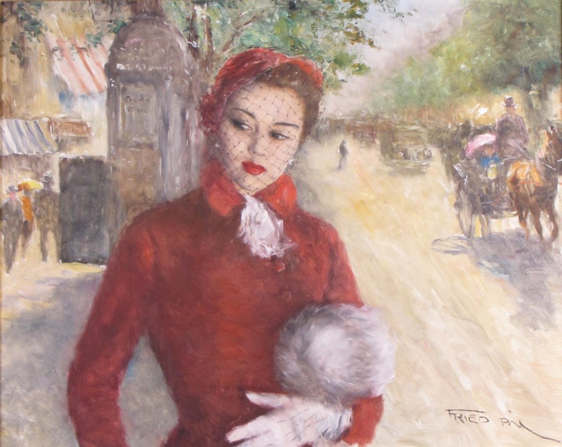 Pal Fried 24x30 O/C "Maxine": Pal Fried (NY/Hungary, 1893-1976) 24x30 , O/C , signed lower right , "Maxine" , Depicting: portrait of woman on European street , Titled: titled verso