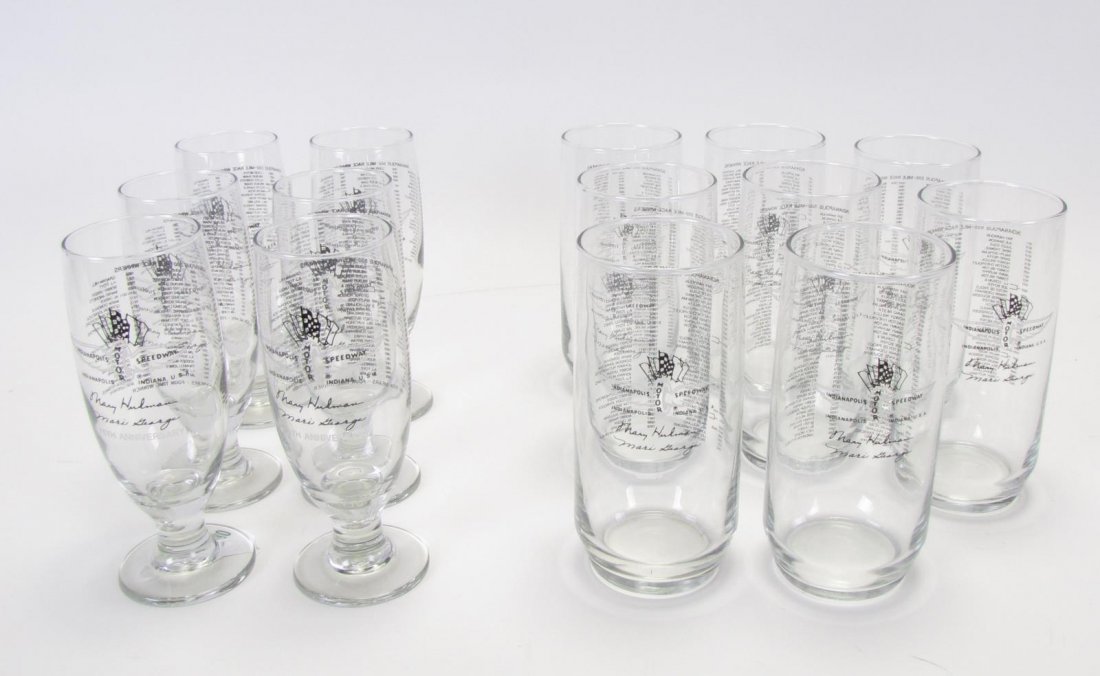 Two Sets of Tony Hulman Indianapolis 500 Glasses: Two Sets of Tony Hulman Indianapolis 500 Glasses, 14 total including: set of eight 1990 iced tea glasses; set of six 1991 75th anniversary glasses; 6.75"-7" high