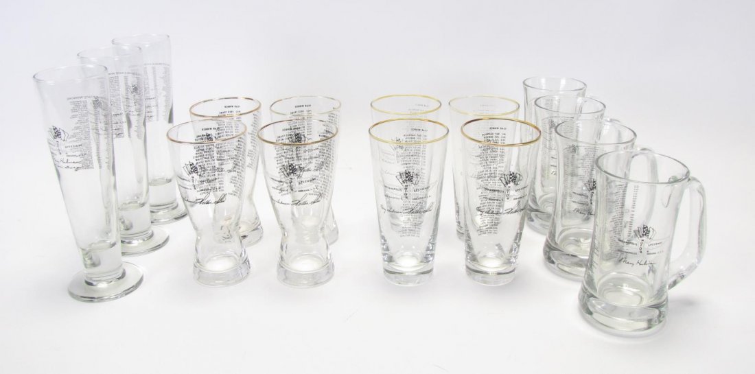 Group of Tony Hulman Indianapolis 500 Glasses: Group of Tony Hulman Indianapolis 500 Glasses, 15 total including: three 1994 tall pilsner; four 1954 pilsner with gold rim; four 1953 pilsner with gold rim; two 1982 mugs; two 1987 mugs; 6.25"-9.5" h