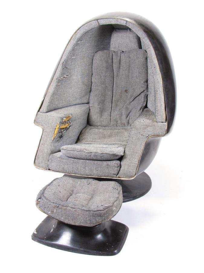 Vintage 1970s Lee West "Egg" Chair: A vintage 1970s Lee West fiberglass stereo "Egg" chair, black with original tweed upholstery, stereo wiring still in place, with ottoman (upholstery needs replaced, finish is slightly oxidized), 37 x