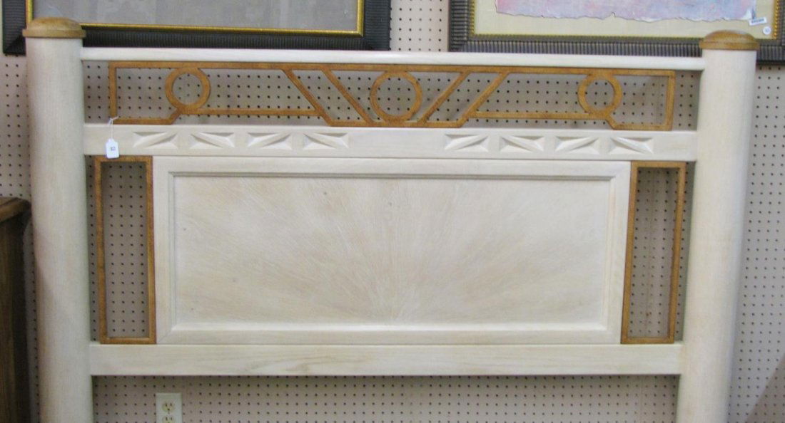 Henredon Queen Size Bed: A queen size bed frame, by Henredon, transitional style with wood headboard, footboard and rails, having coordinating open trim, excellent condition, headboard height 58.5"h