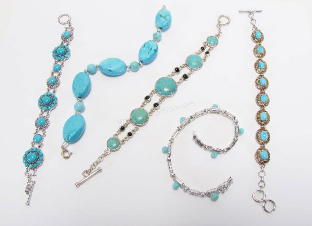 Five Sterling Silver Turquoise Bracelets: Five sterling silver and turquoise link bracelets including 7.5" long turquoise bead and nugget bracelet; 7.25" long sterling bracelet with five round graduated turquoise and eight ebony stones; 7.25"