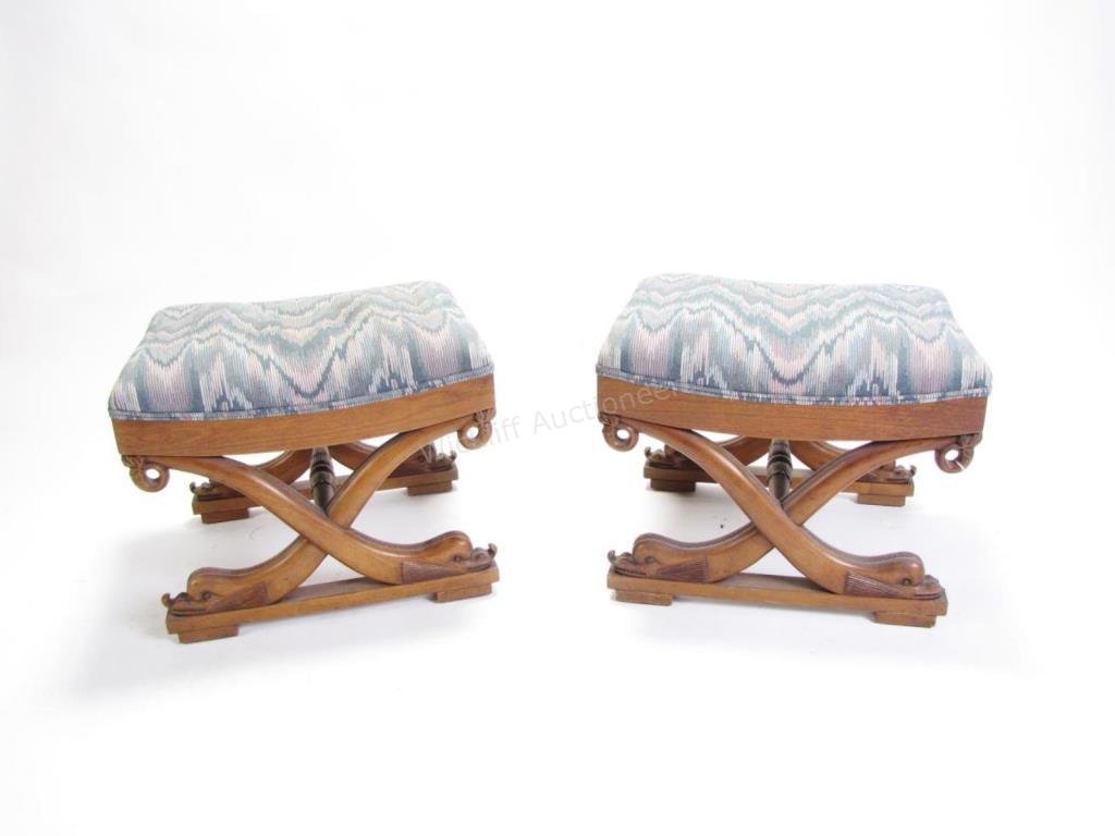 Pair of Biedermeier Style Stools: A pair of Biedermeier style stools, wood frames with dolphin figure base, upholstered seat, 20" x 17" x 16" high