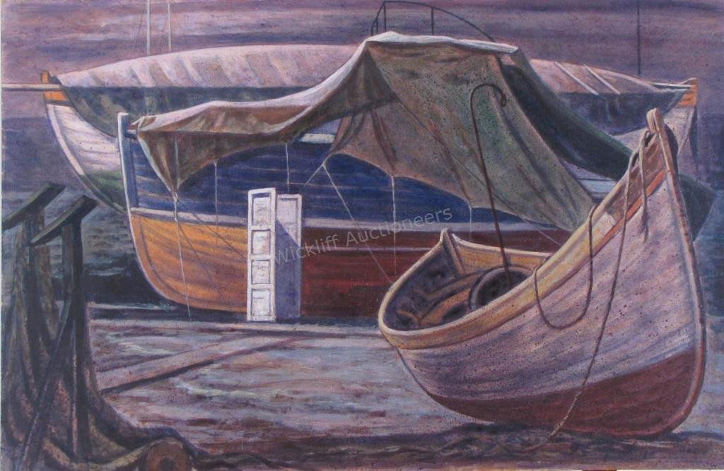 Edmund Brucker 21x32 Acry/WC "Nocturnal Boats": Edmund Brucker (IN, 1912-1999) 21x32 , Acry/WC , signed lower middle , "Nocturnal Boats" , Inscribed: IMA Rental Gallery tag verso
