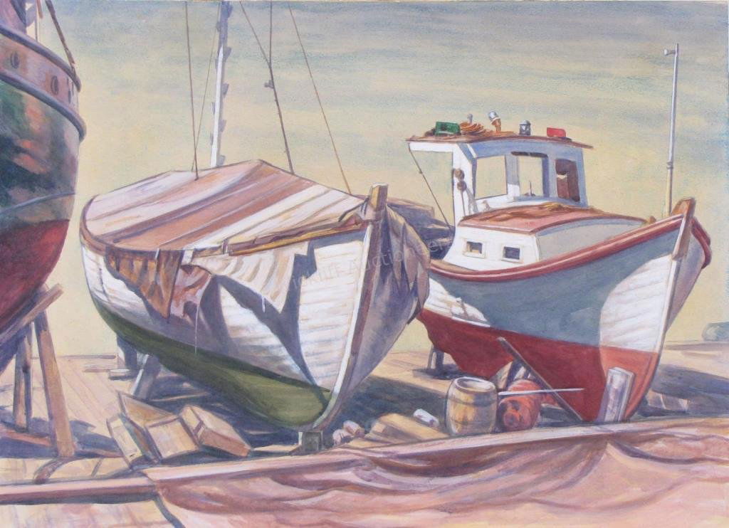 Edmund Brucker 22x30 Acry/WC Boats in Dry Dock: Edmund Brucker (IN, 1912-1999) 22x30 , Acry/WC , unsigned , Boats in Dry Dock Provenance: from collection of a former Brucker estate representative