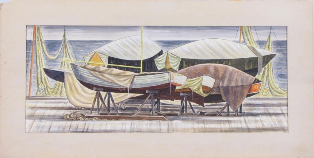 Edmund Brucker 12x28 Encaustic Boats on Dry Dock: Edmund Brucker (IN, 1912-1999) 12x28 , Encaustic , signed lower right , Boats on Dry Dock unframed