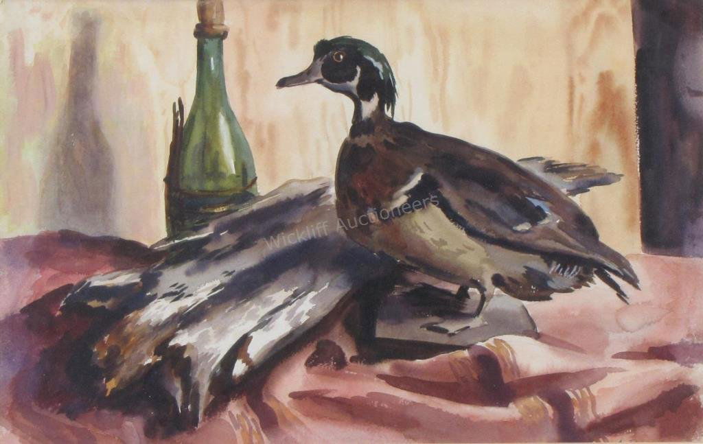 Edmund Brucker 14x22 WC Still Life, Duck, Bottle: Edmund Brucker (IN, 1912-1999) 14x22 , WC , signed lower right , Still Life, Duck, Bottle , Depicting: duck, driftwood and bottle , Exhibited: IN State Fair entry tag attached verso as framed 23x31.5