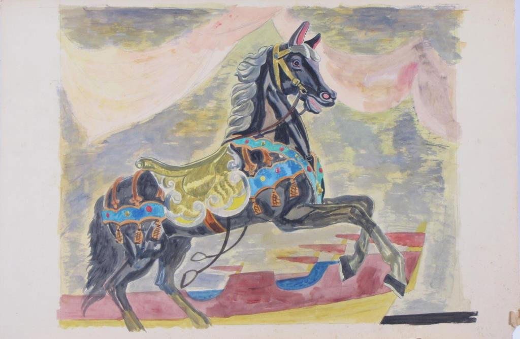 Edmund Brucker 20x30 WC Carousel Horse: Edmund Brucker (IN, 1912-1999) 20x30 , WC , signed lower right , Carousel Horse Provenance: from collection of former Brucker estate representative unframed