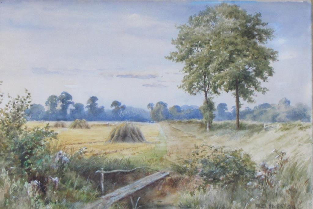 Frederick Hines 14.5x21.5 WC Haystacks, Footbridge (1 of 3)