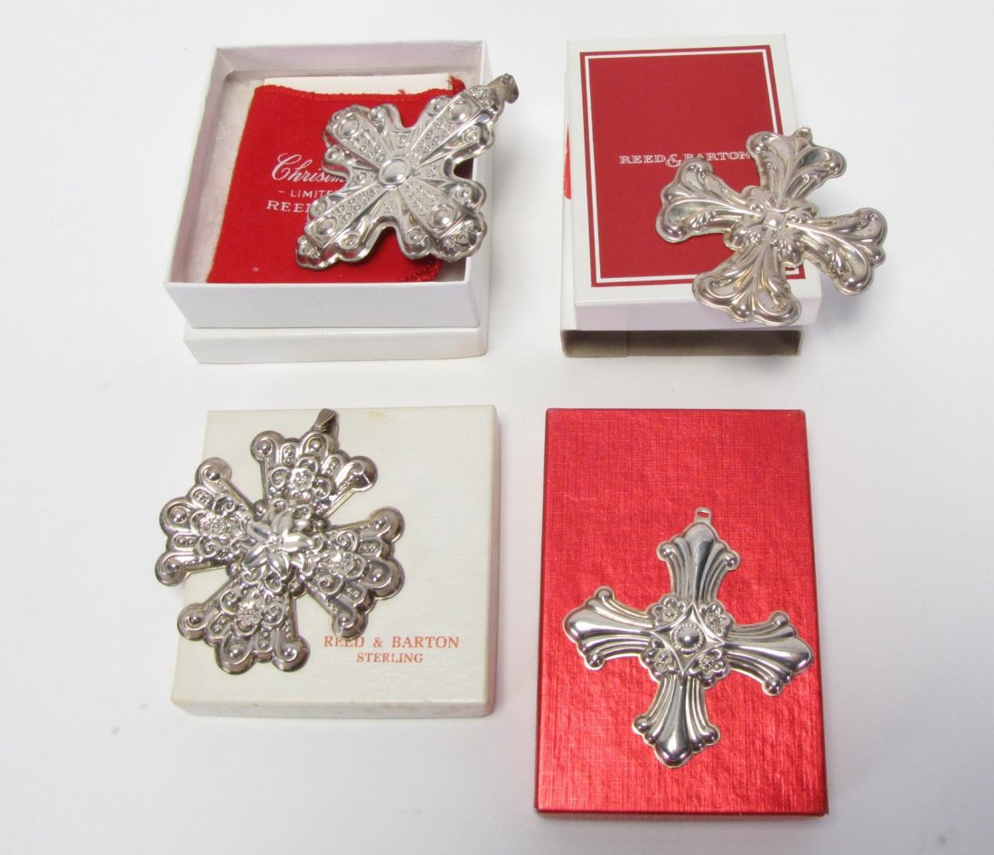 Four Reed & Barton Sterling Annual Ornaments: Four Reed & Barton Sterling Annual Ornaments, including 1972 Christmas cross (does not have original box); 1974 Christmas cross; 1985 Christmas cross (does not have original box); and 1994 Christmas c