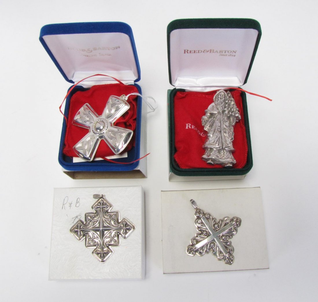 Four Reed & Barton Sterling Annual Ornaments: Four Reed & Barton sterling annual ornaments, including 1979 Christmas cross (does not include original box); 1983 Christmas cross; 2003 Christmas cross; Father Christmas; 1983, 2003 and Father Christ