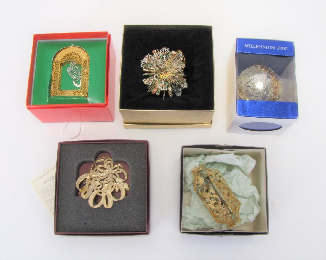 Group of Christmas Ornaments: Group of Christmas ornaments, five total, including Tole on the second day ornament with sterling partridges; Chemart 2012 3D snowflake; Wallace millennium 2000 children are the future ornament; Baldw