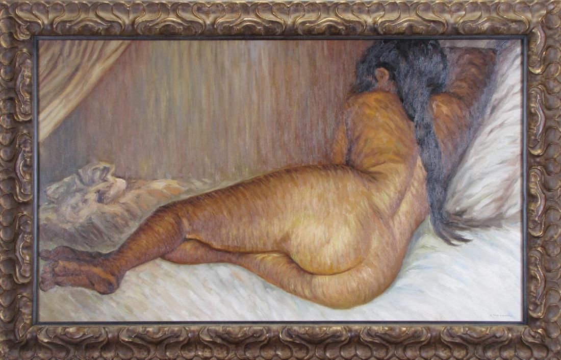 Giclee, After Vincent Van Gogh "Nude Woman Reclining": An enhanced giclee on canvas, in the style of Vincent Van Gogh (Belgium/France, 1853-1890), depicting reclining nude with ponytail, signed lower right 'Masson', canvas size 20x34, size as framed 25x40