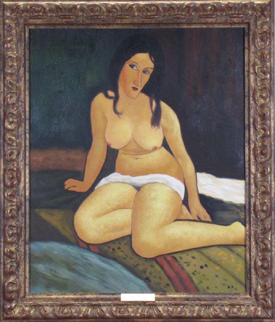 Giclee, After Modigliani, "Seated Nude": An enhanced giclee on canvas, after Amedeo Modigliani (Italy/France, 1884 - 1920), "Seated Nude" original ca 1917, canvas size 24x20, size as framed 29x25
