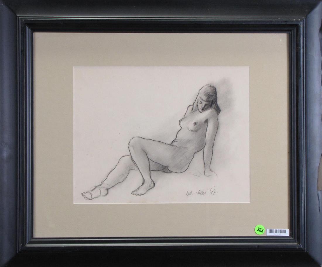 Unclearly Signed 10.5x13.5 Graphite Reclining Nude: Unclearly Signed (20th Century) 10.5x13.5 , Graphite , signed lower right, 1947 , Reclining Nude size as framed 21 x 25 (frame is damaged)