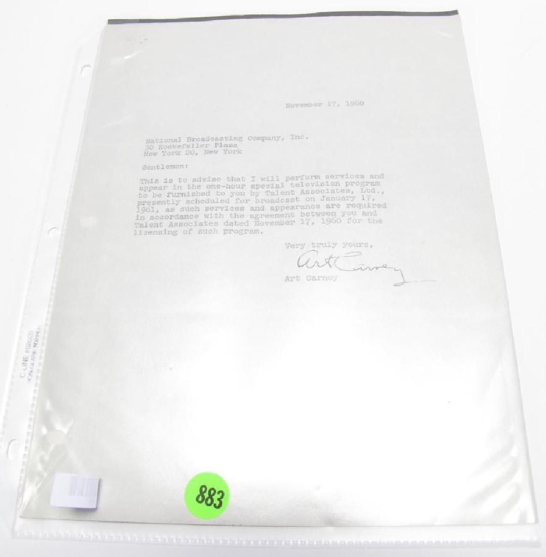 Art Carney Signed Contract, 1960: A signed contract, by Art Carney, dated November 17, 1960, indicating his intention to perform on an NBC television program, on January 17th, 1961, 8.5 x 11