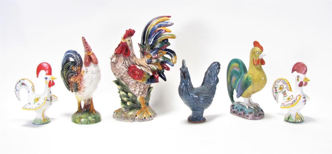 Group of Decorative Roosters: Group of Decorative Roosters, six total including: large J. Willfred with multicolored decoration; Ravello porcelain with freestanding leg; blue Jug Town pottery, artist signed "Charles Moore"; Estori