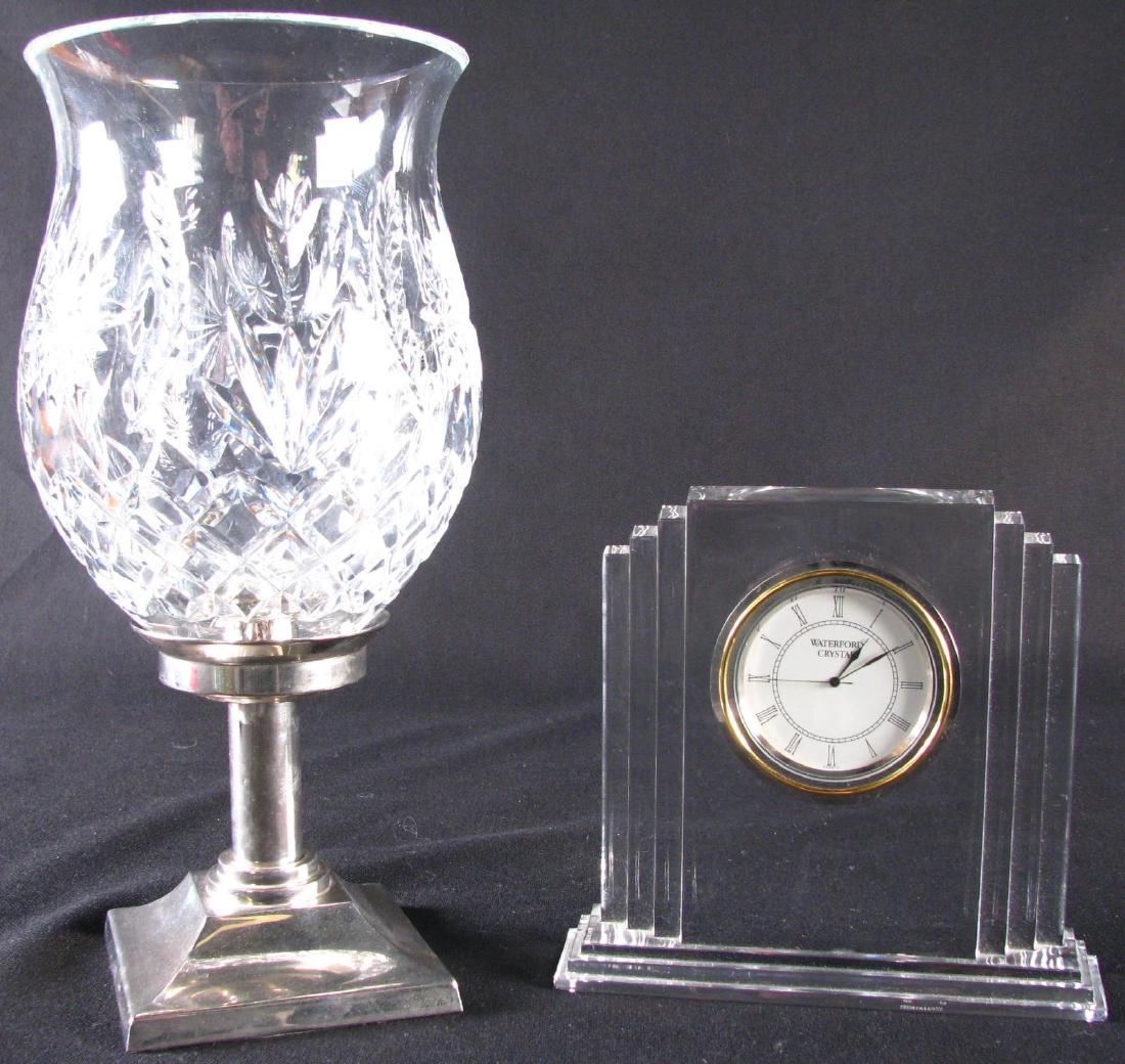 Waterford Crystal Lamp and Clock: Waterford Crystal Lamp and Clock, a Times Square Collection lamp in 'Hope for Abundance' pattern, silver base; large clear crystal clock from Waterford time pieces, geometric design, white clock face