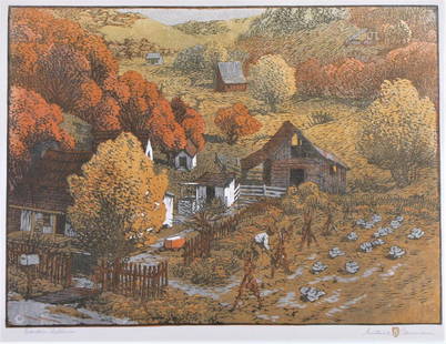 Gustave Baumann Woodblock, "Harden Hollow", Lg Edition: A framed color woodblock print by Gustav Baumann (IN/NM, 1881-1971), entitled "Harden Hollow", image size 19.5 x 26.5, large format ca 1916, signed and titled lower margin, with hand-in-heart watermar