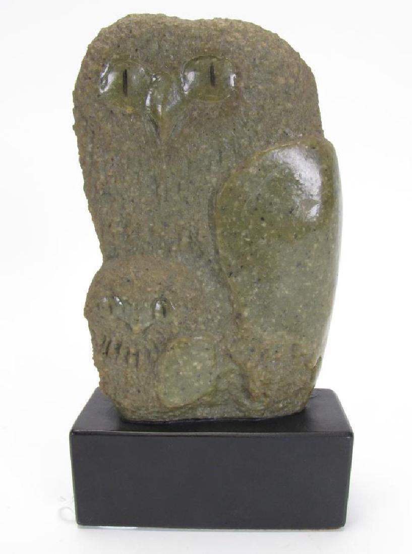 Frank Eliscu Owls Sculpture: Frank Eliscu (American, 1913-1996), Owls Sculpture, best known for sculpting the Heisman Memorial Trophy, green "granite" sculpture depicting a mother owl and baby, c.1969, on black base signed "Elisc