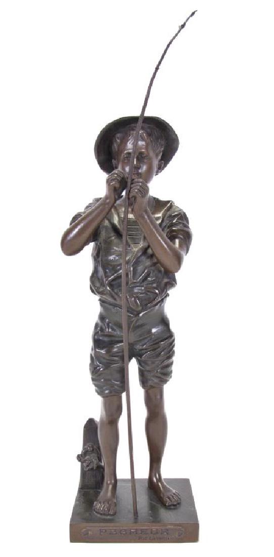 After Adolphe Jean Lavergne "Pecheur" Bronze: After Adolphe Jean Lavergne "Pecheur" Bronze, Adolphe Jean Lavergne (France,1852-1901), depicting boy untangling fishing line with included fishing pole, Inscribed on plaque on base: "PECHEUR Par Lave
