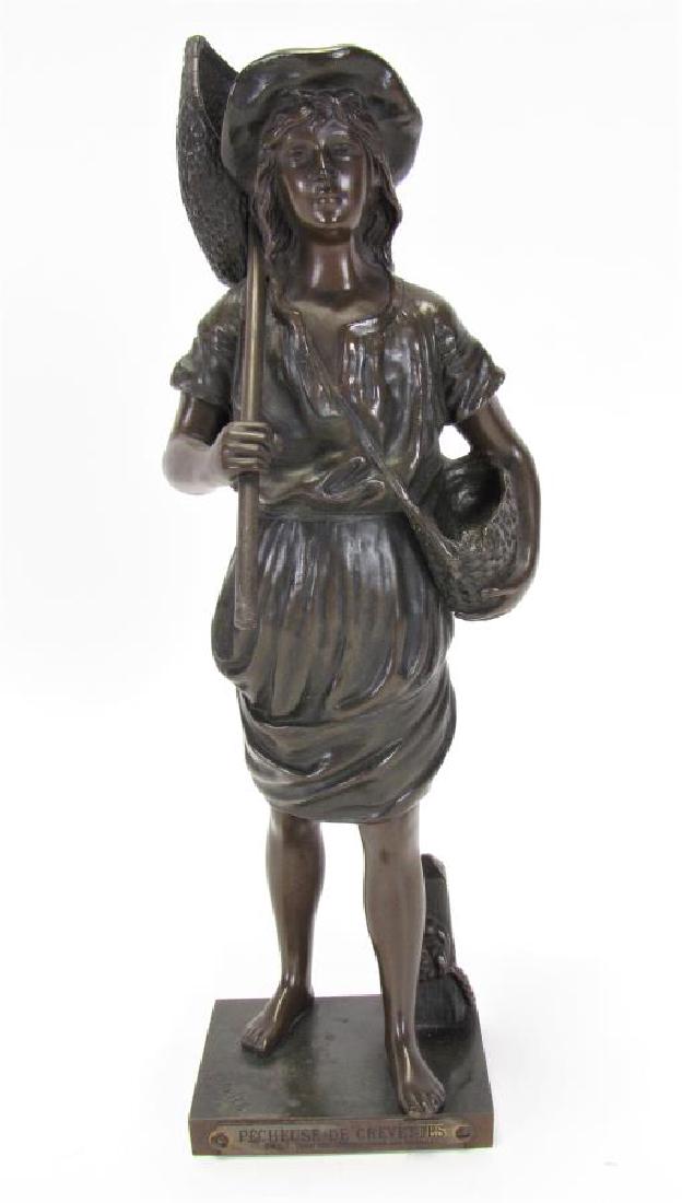 A French Bronze Sculpture, Jules Garnier: A French Bronze Sculpture, Jules Garnier (France,1853-1910), "Pecheuse de Crevettes", depicting a young fisherman, raised on a rectangular base with an obelisk boat tie, signed J. Garnier in cast, the