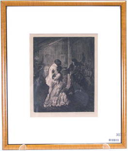 Wayman Adams Lithograph, Clinging Vine: A framed lithograph, by Wayman Adams (IN/TX, 1883-1959), signed, titled "The Clinging Vine", depicting African American figures in New Orleans, dated 1-1-12 (1912), in lower margin, image size 9.5 x 7