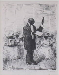 Wayman Adams New Orleans Lithograph, The Word: A framed lithograph, by Wayman Adams (IN/TX, 1883-1959), signed, titled "The Word", depicting African American preacher in New Orleans, dated 1-1-12 (1912), in lower margin, image size 10 x 8.25, as f