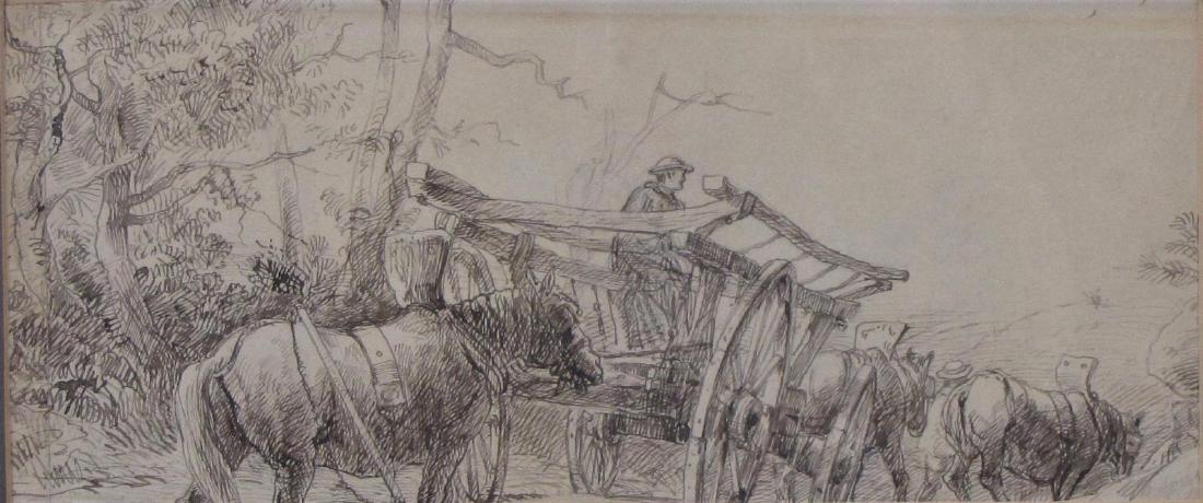 Rosa Bonheur 5.5x13 Pen/Pencil Horse and Cart: Rosa Bonheur (US/France, 1822-1899) 5.5x13 , Pen/Pencil , signed lower right , Horse and Cart Provenance: Richmond Art Museum deaccession, #1978.11
