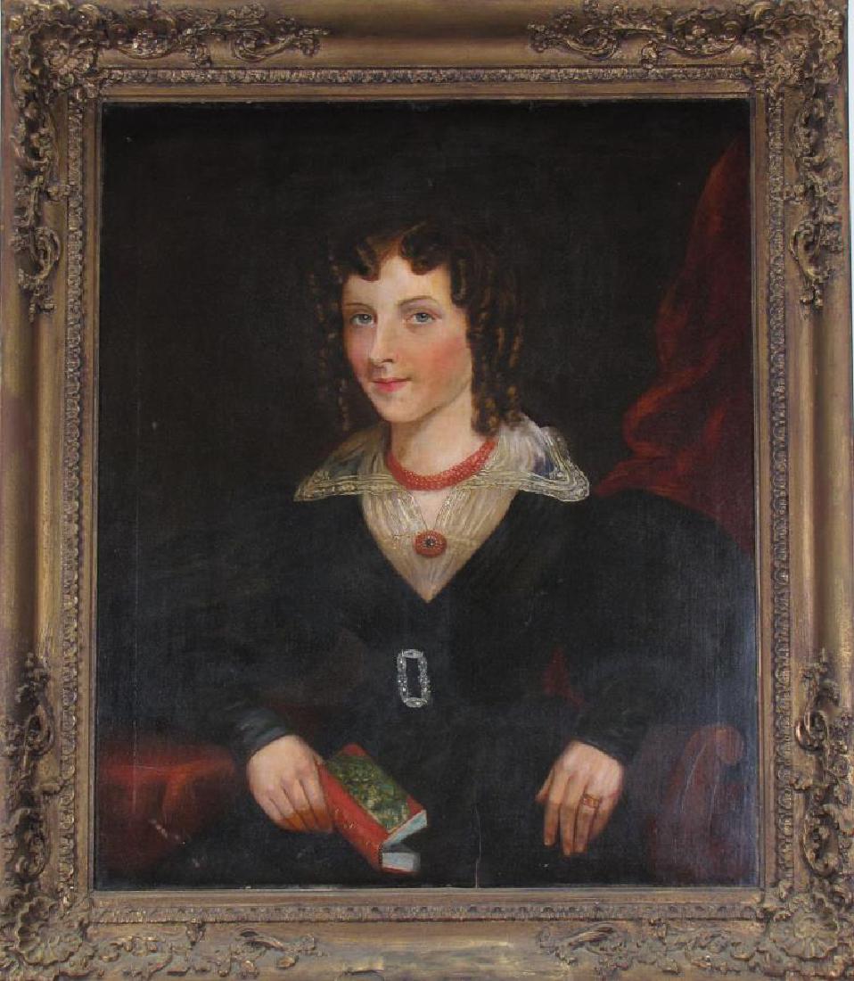 Antique Folk Art Portrait 30x25 O/C Young Woman (1 of 2)