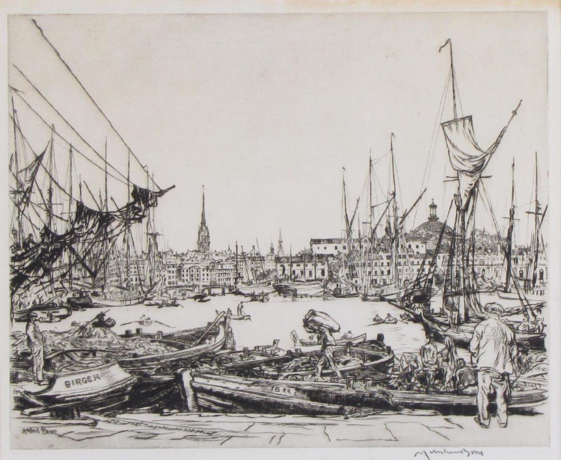 Muirhead Bone (UK), Drypoint Etching, Stockholm: A drypoint etching, by Muirhead Bone (UK, 1876-1953) depicting Stockholm, Sweden, busy harbor, signed in pencil lower margin, signed in plate lower left, sight size 8.5x10, size as framed 15x16