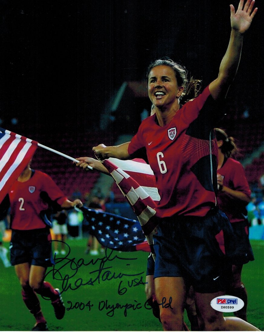 Brandi Chastain - signed 8x10. Inscribed.: Brandi Chastain - signed 8x10. Inscribed '6 USA 2004 Olympic Gold' POA PSA/DNAIt comes with an individually numbered, tamper evident hologram from PSA/DNA. To ensure authenticity, the hologram can be 