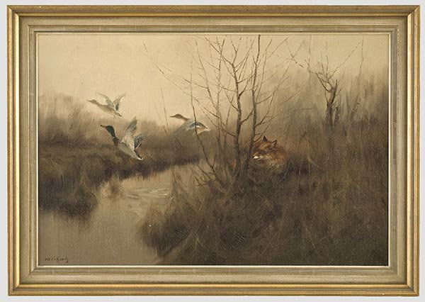 Professor Manfred Schatz: Fox with soaring mallards Oil on canvas. Fox in a meadow landscape with three soaring mallards. Framed. Picture size 90 x 60 cm. In addition the book "Manfred Schatz Wildbahn-Impressionen", Krefeld 19