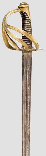 Pallasch: in der Art des Modells 1845. Gerade, beidseitig doppelt gekehlte Rückenklinge, Ort in der Rückenlinie, quartseitig Herstellerbezeichnung "Kirschbaum, Solingen", fleckig. Messingbügelgefäß, belede